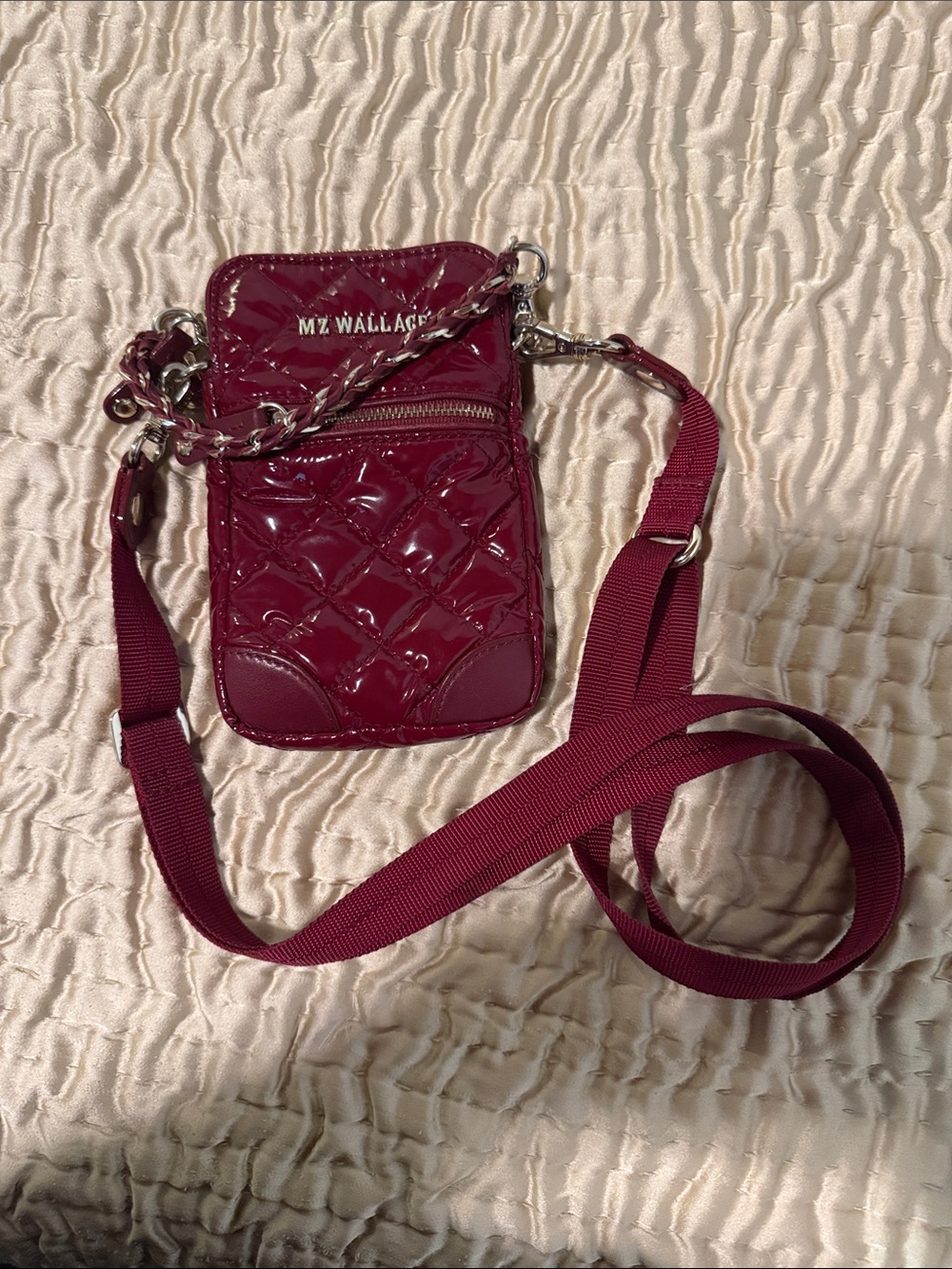 MZ Wallace Quilted Patent Crossbody Phone Pouch in Wine